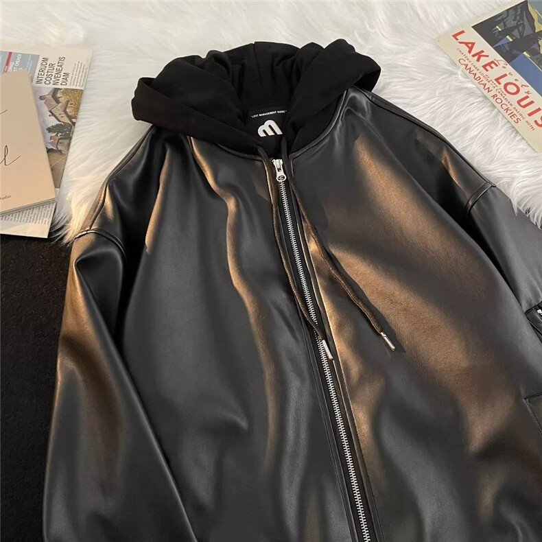 连帽皮衣男春季高级感痞帅美式高街宽松工装机车服外套W9221P75,男装夹克,星座1116-2