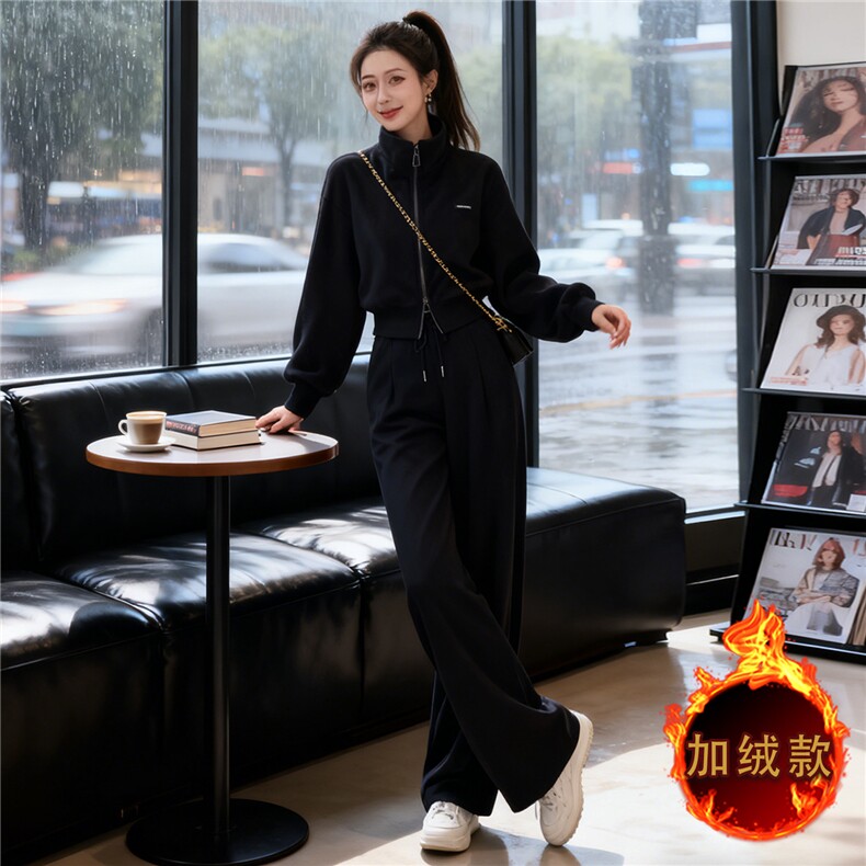 高级感休闲运动套装女秋冬新款时尚减龄拉链开衫卫衣阔腿裤两件套,女装套装/套裙,江南