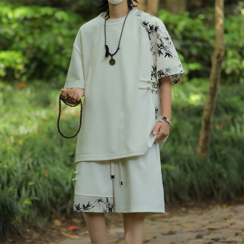 夏季新风冰丝垂感拼色T恤宽松休闲五分套装男TZ622-P69控118图片
