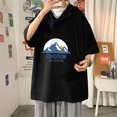 LD54235-P45连帽短袖t恤男大码胖子带帽五分袖中袖海报风，男装T恤，电商A040