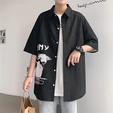 2021夏季新款港风模特已注册猫咪印花宽松短袖衬衫C3003-P35，男装衬衫，电商A001
