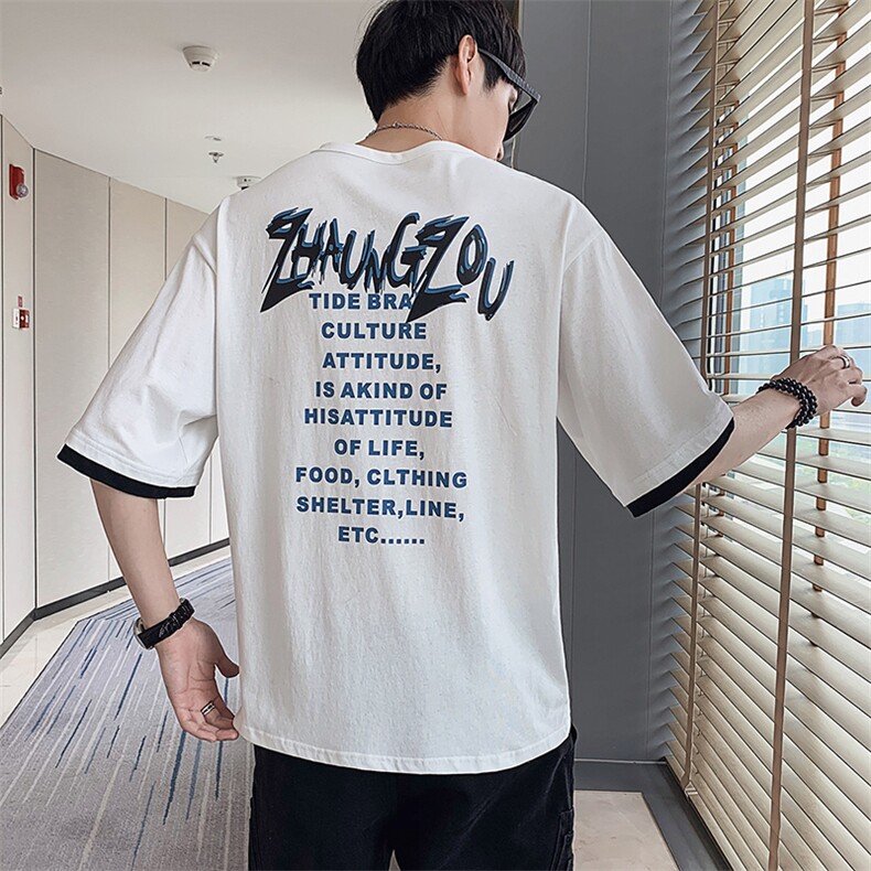 男士潮流字母印花短袖T恤新款休闲五分袖宽松上衣服DS389TP15，男装T恤，电商A102