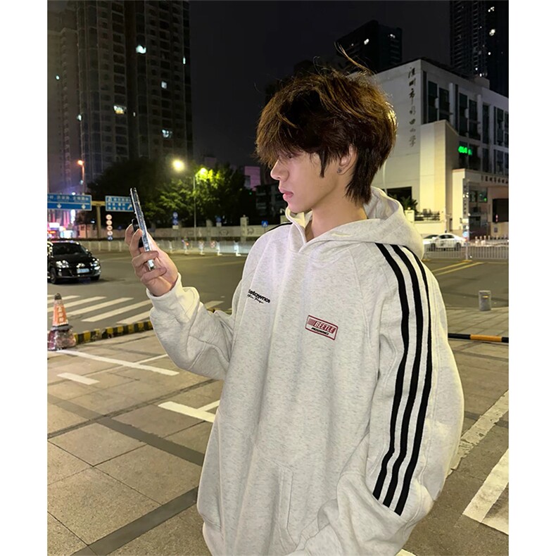 抖音得物品质480克全棉加绒织带连帽印花卫衣三条杠针织卫衣A0410图片