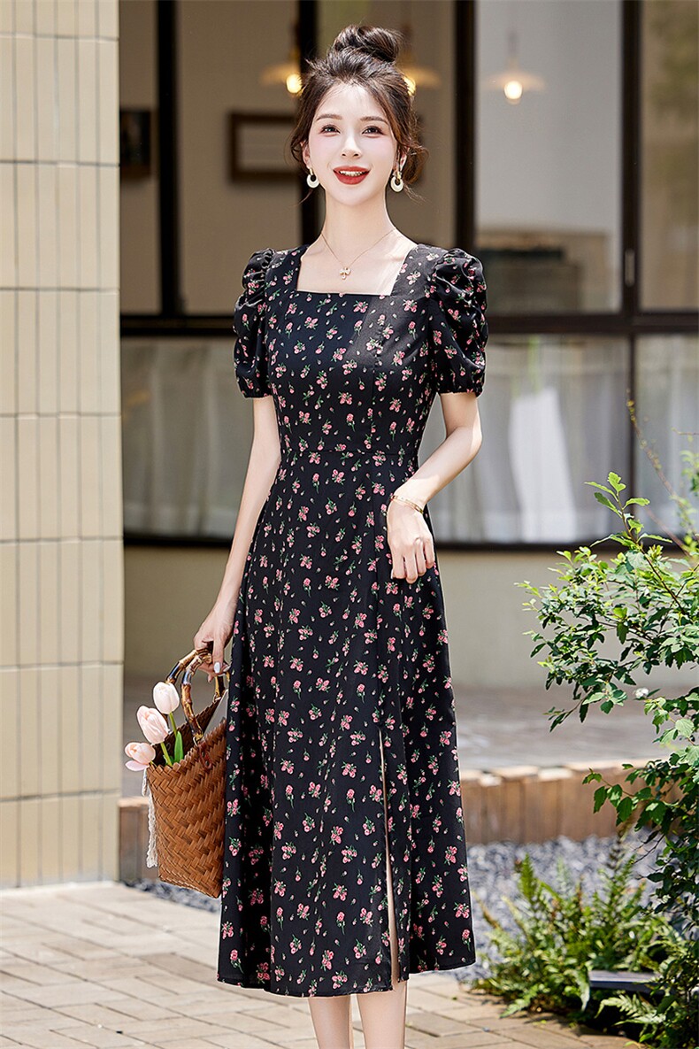 法式气质方领碎花连衣裙女2024夏季新款修身显瘦气质开叉雪纺裙子,女装连衣裙,布芭啦