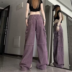 大码美式紫色工装牛仔裤男女夏秋辣妹高腰阔腿裤拖地裤子~NK6086，男装牛仔裤，星座601-2