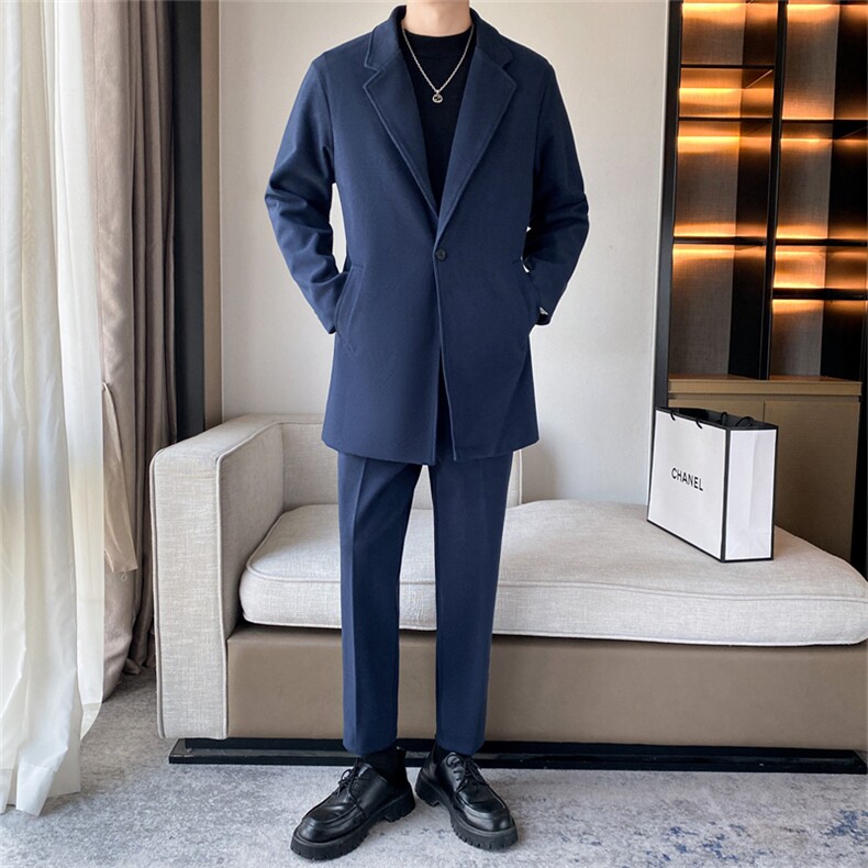 秋冬新款加绒加厚男士毛呢大衣套装三件套高级感港风男装两件套潮，男装西服套装，星座505-2（原电商A260-1)