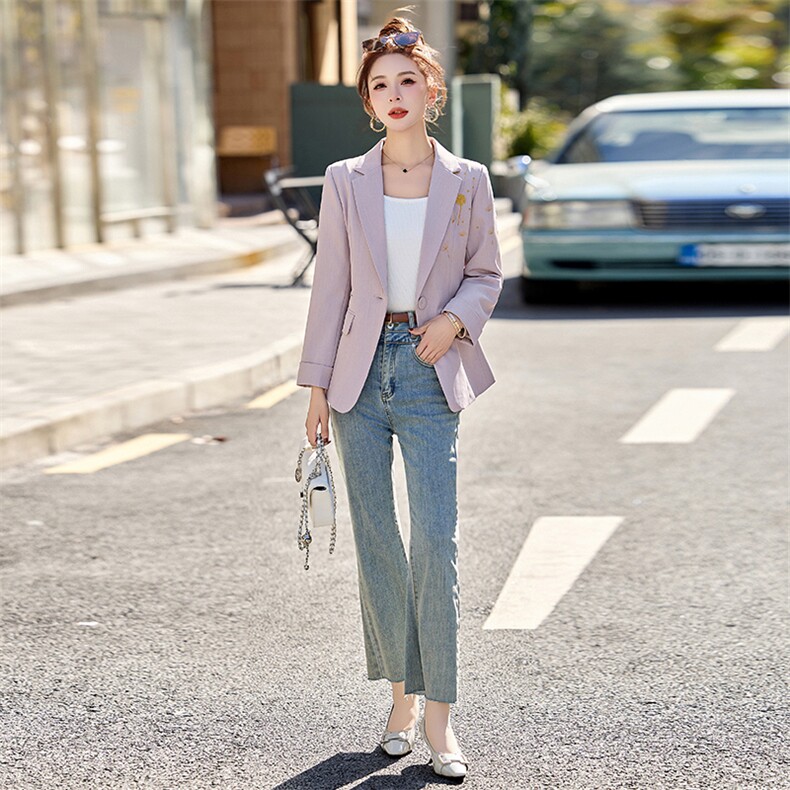 设计感刺绣通勤气质西服外套女2025春新款修身显瘦一粒扣西装上衣,女装短外套,涵亦佰惠