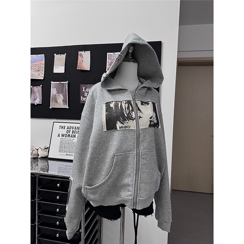 美式卫衣外套男女春秋季薄款宽松慵懒风盐系炸街拉链WY229P57,女装短外套,星座1013-5