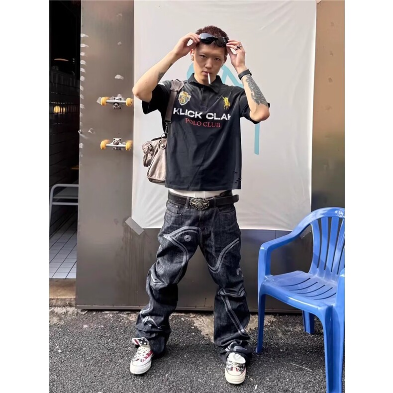 港风秋冬款男女牛仔裤刺绣阔腿直筒宽松长裤NK5135P58,男装牛仔裤,星座1013-1