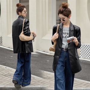 西装皮衣女款2025新款春秋咖色小个子阔版宽松PU机车服皮夹克外套图片