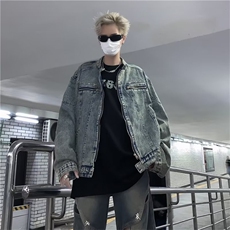 美式复古做旧水洗垫肩短款拼接牛仔外套潮金属无领夹克男JN1224，男装夹克，星座1116A-1（原606A）