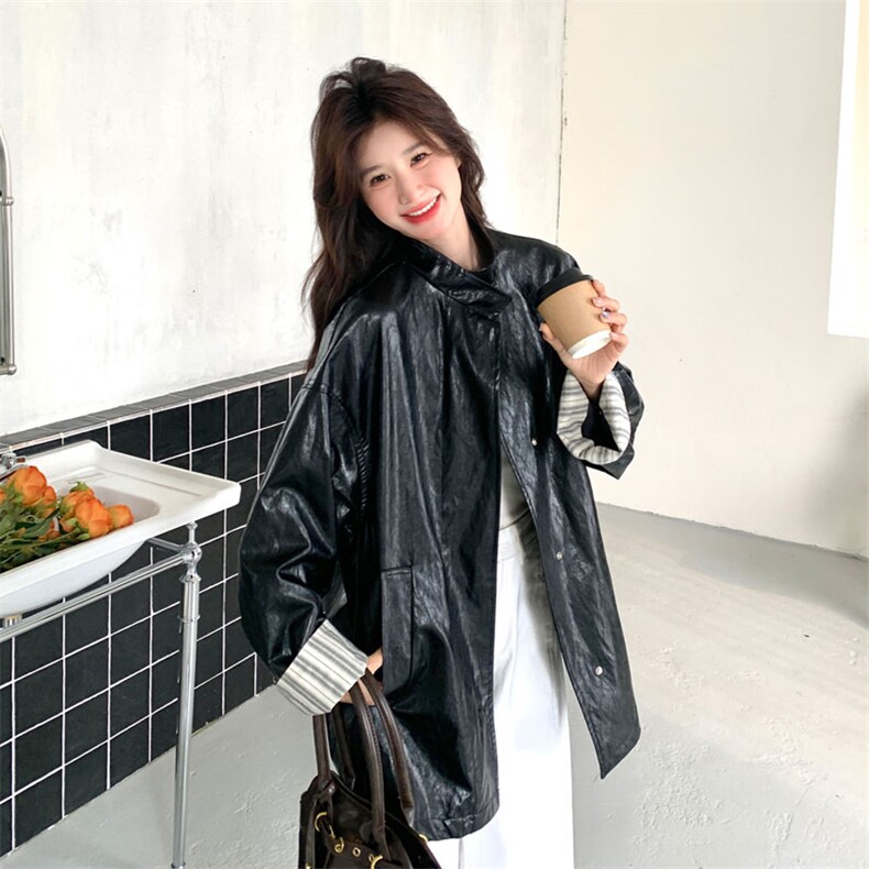 蕾丝拼接黑色皮衣外套女2025春季新款复古设计感甜酷风机车服夹克,女装皮衣,2D143