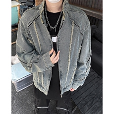 美式复古流苏毛边水洗牛仔外套男秋新款机车拉链夹克JK08632-P70，男装夹克，星座308B-1