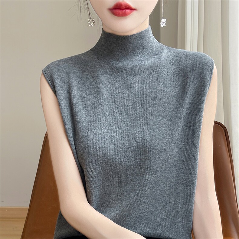 半高领精纺无袖内搭打底衫女春秋季百搭显瘦羊毛针织背心时尚毛衣，女装背心吊带，斯尔特羊绒