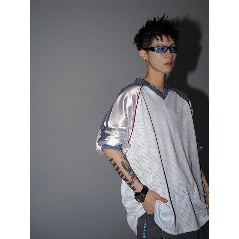 可二开美式POLO衫大码M-5XL拼接V领球衣长袖T恤男CX78111P45控69，男装Polo衫，星座227-7