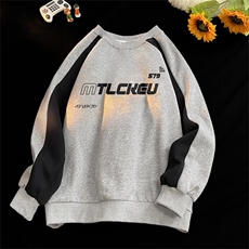 美式插肩袖撞色卫衣男秋冬季圆领无帽拼接套头上衣ins潮宽松外套，女装短外套，星座601-2