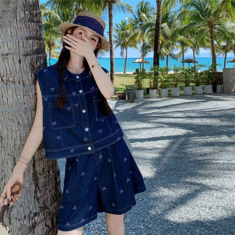 小个子盐甜系穿搭牛仔马甲套装女夏新款轻薄休闲显瘦短裤两件套，女装套装/套裙，2C307