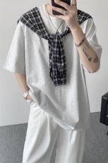 8XL-M潮情侣美式拼接打结格子假两件短袖宽松纯棉T恤男DX338，男装T恤，电商D206-1