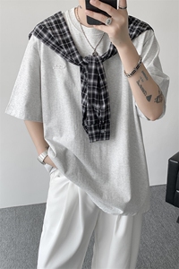 8XL-M 潮情侣美式拼接打结格子假两件短袖宽松纯棉T恤男 DX338图片