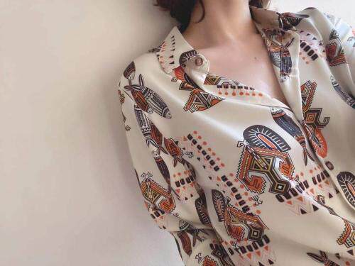 【现货】2021春季新品真丝缎面印花衬衫，女装衬衫，七七迷兰