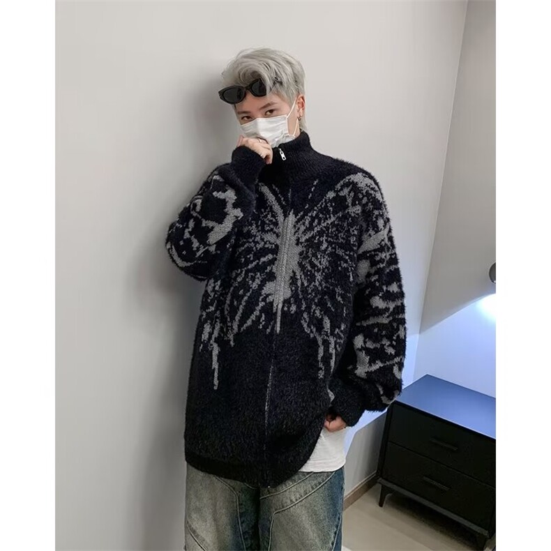 美式水貂绒黑色高领毛衣外套男秋冬季慵懒针织开衫上衣MX052,男装针织衫/毛衣,星座1116A-1（原606A）