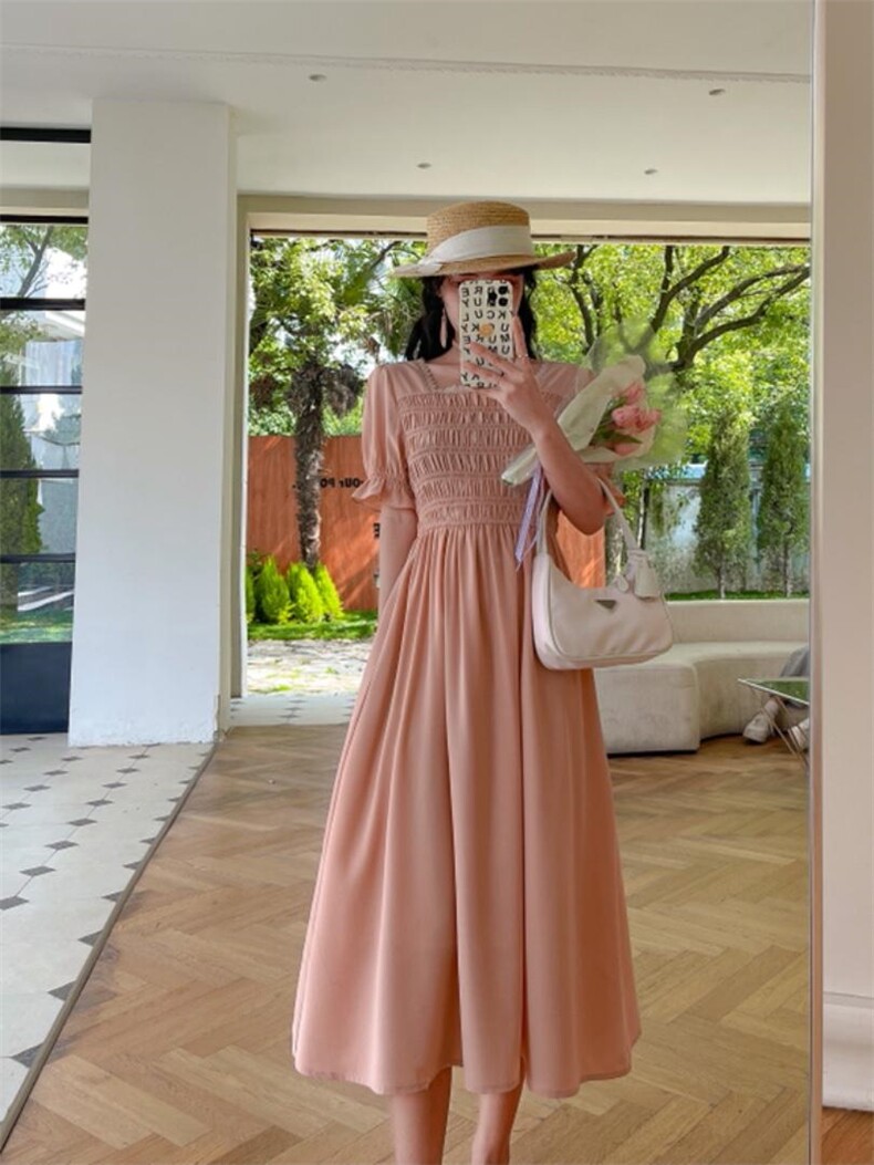 净色夏季连衣裙，女装连衣裙，安玖拉