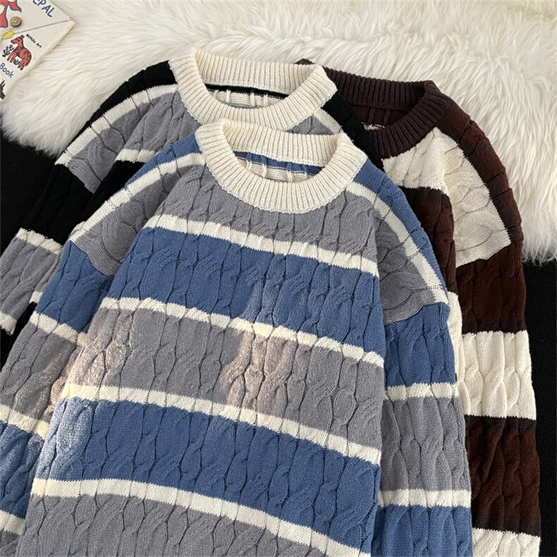 港风秋冬款男圆领套头毛衣螺纹条纹拼色针织衫线衣外套M6517P50，男装针织衫/毛衣，星座1013-1