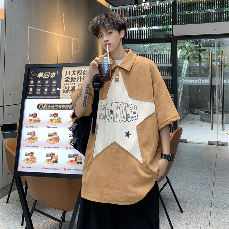T119-P35夏季宽松型鹿皮绒拼接polo短袖,男装T恤,星座1501-1
