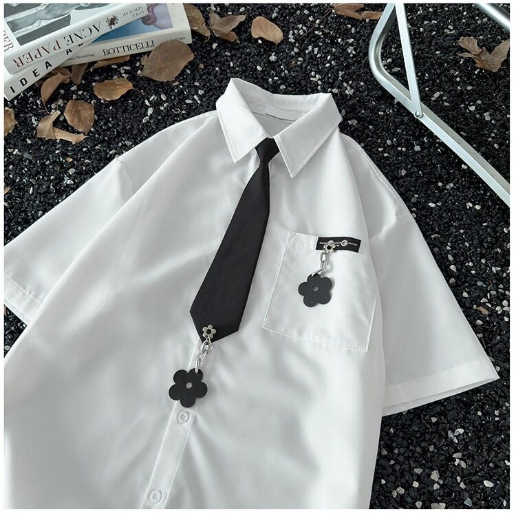 领带黑色衬衫短袖男女2025新款学院风衬衣工作服美式vibe夏天班服,男装T恤,星座601-1