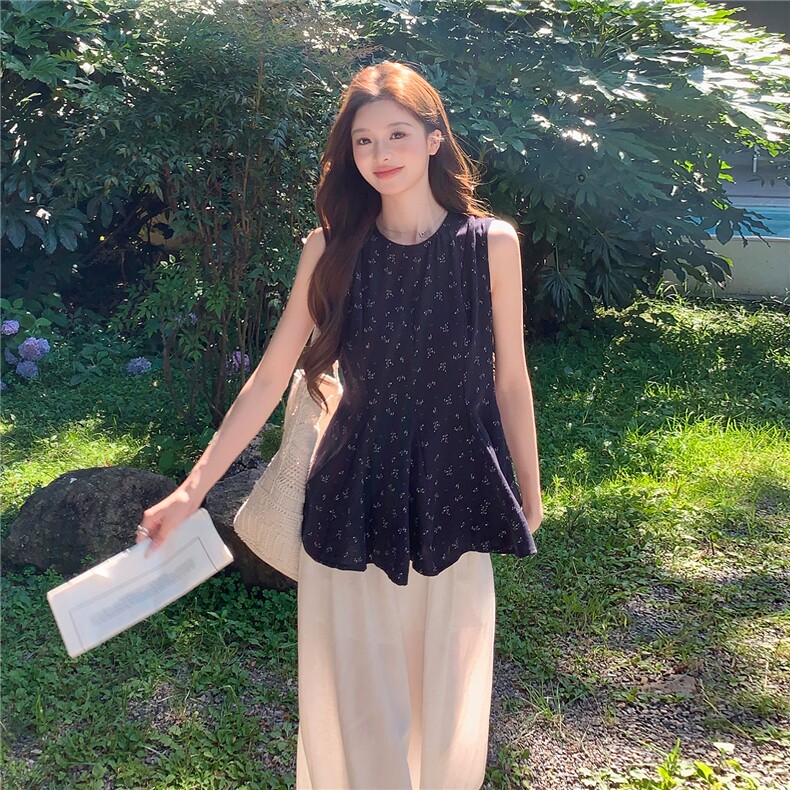 时尚无裙圆领小清新碎花小衫女,女装衬衫,水衣源