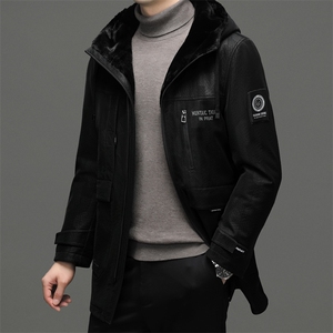 中年男士冬季新款连帽保暖皮羽绒服男装休闲上衣厚款白鸭绒外套图片