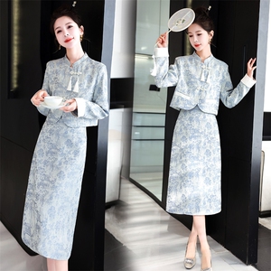 新中式国风套装女春秋2024新款高级感显瘦绝美气质改良旗袍两件套，女装套装/套裙，丽美静依