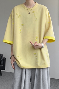 T10137-特批33  控68 开口笑高品质夏季大码短袖破洞潮流百搭T恤图片