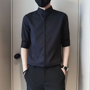 华夫格衬衫男短袖夏季痞帅立领衬衣新款夏装男士中袖上衣 S520图片