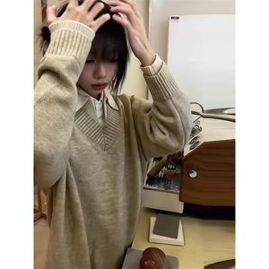 秋冬翻领学院风针织衫冬季百搭针织假两件学生毛衣春秋长袖复古图片