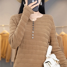 亚麻长袖上衣女士2024春秋新款内搭洋气100%纯棉针织打底衫秋衣，女装T恤，彩羽羊绒