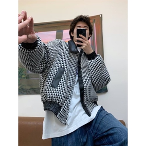 春秋季千鸟格外套男高街潮牌宽松休闲情侣装翻领夹克上衣