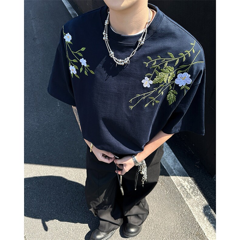 美式高街刺绣花卉短袖t恤男女夏季宽松刺绣字母情侣上衣T5083-P43图片