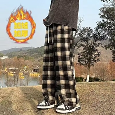 格子裤男秋冬加绒潮流宽松直筒裤美式垂感阔腿休闲长裤MK870P49，男装卫衣，星座1013-5