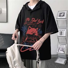LD54226-P45连帽短袖t恤男大码胖子带帽五分袖中袖大皂风，男装T恤，电商A040