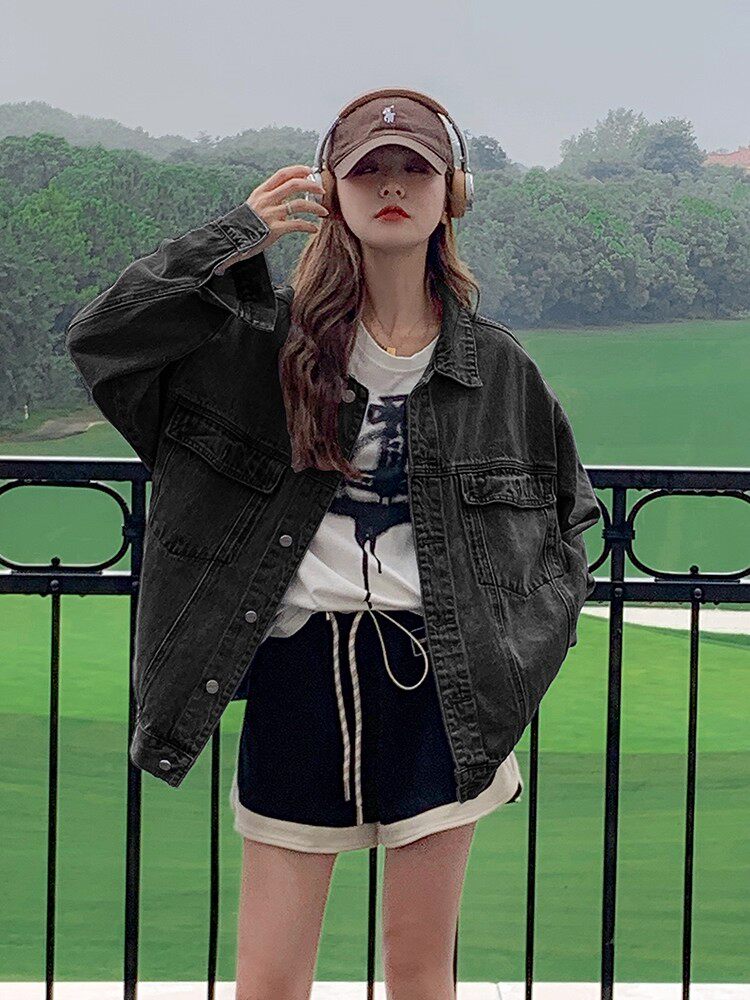 小个子美式复古夹克蓝色翻领宽松牛仔外套女秋季，女装短外套，Mushroom