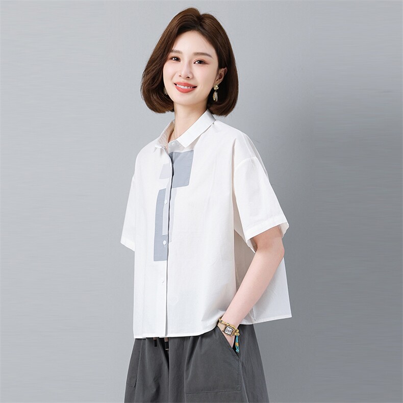 纯棉短袖衬衫女夏季2025年新款中年妈妈大码宽松休闲撞色翻领上衣图片