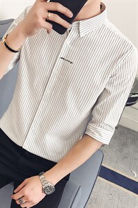现货2021 夏季条纹短袖衬衫韩版休闲7七分袖男士CS10P4569图片