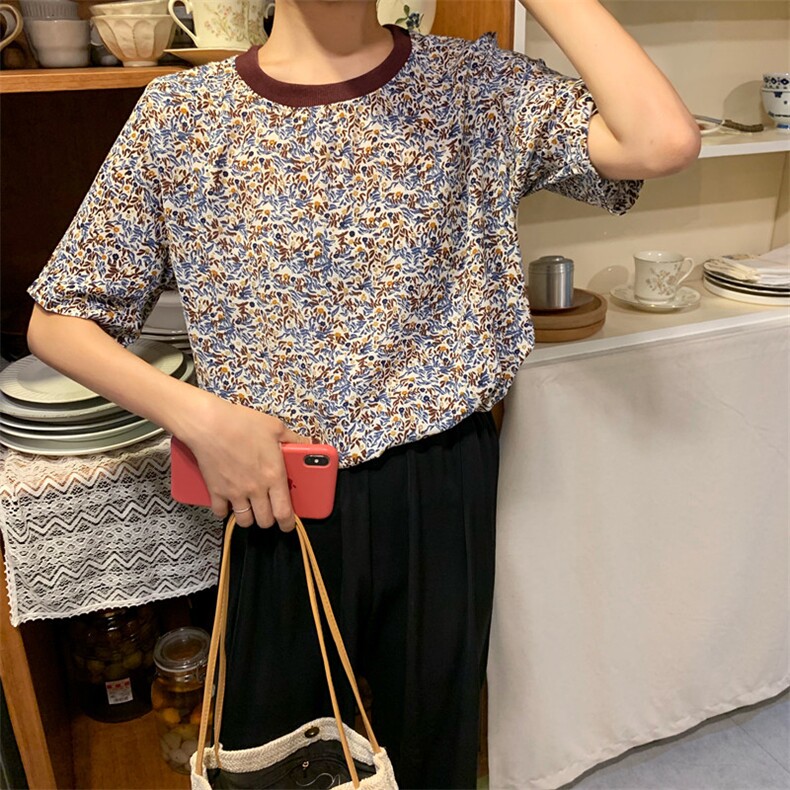 复古碎花宽松百搭雪纺上衣3099#现货,女装T恤,潮品会