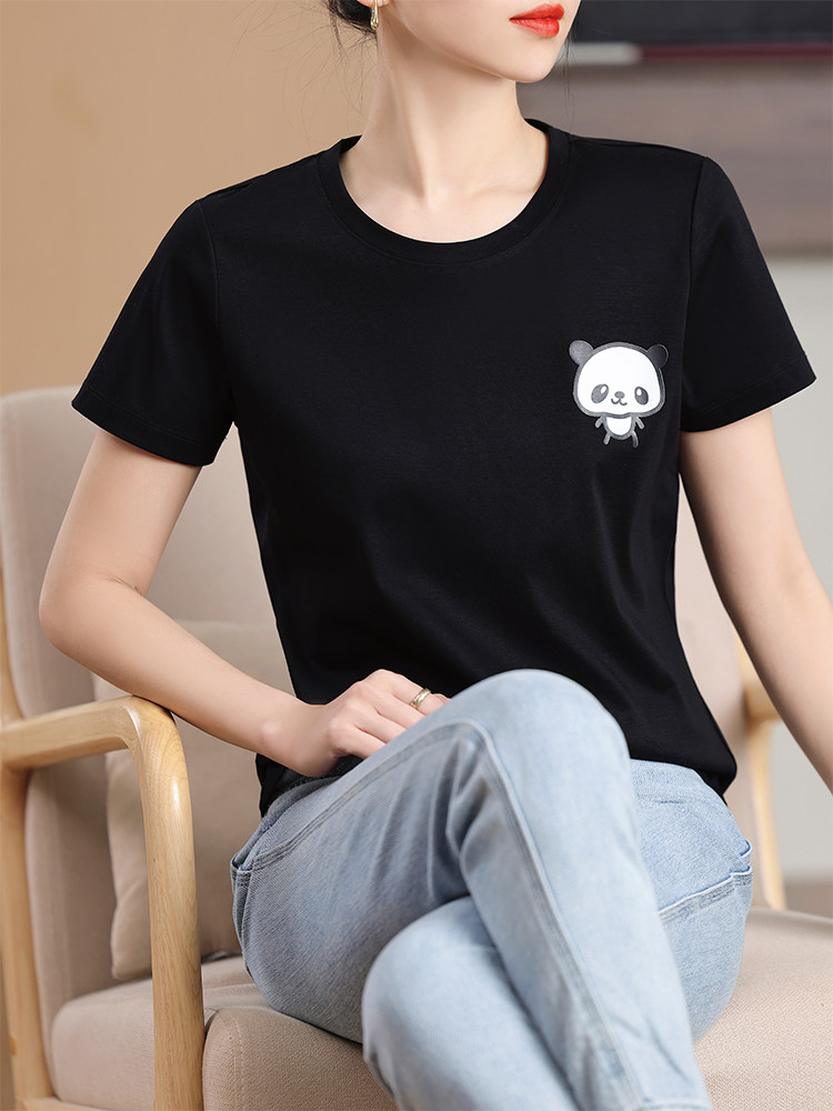 烫画熊猫工艺小众个性舒适棉T,女装T恤,元素羊绒