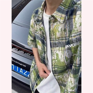 绿色扎染短袖格子衬衫男夏季美式高街设计感衬衣vintage防嗮外套图片