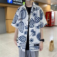 满印衬衫男日系港风潮流潮牌痞帅外套夏季小众短袖衬衣W3394-P30，男装衬衫，星座512-2