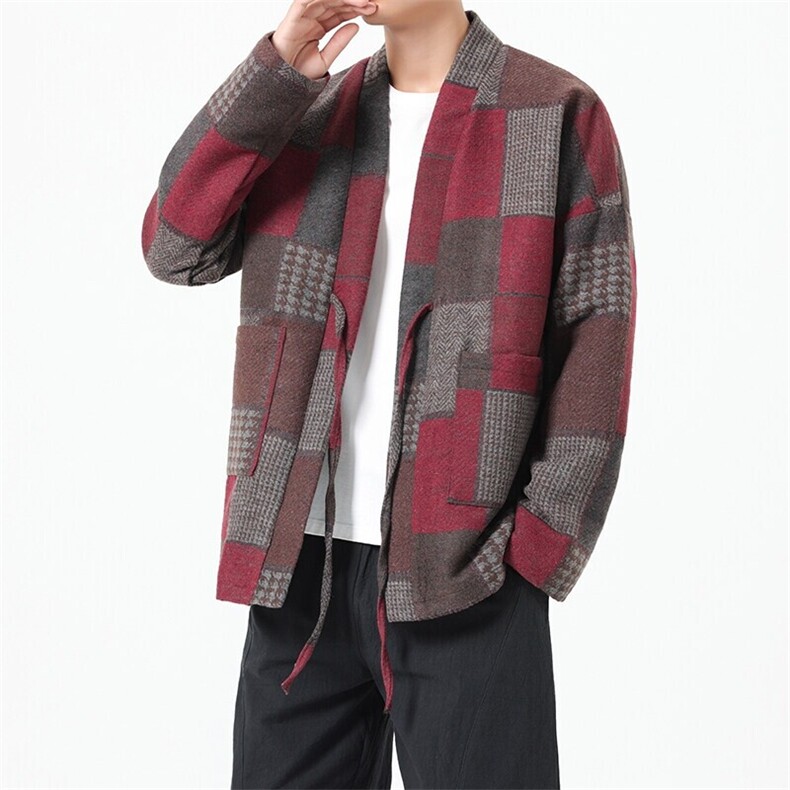 24秋冬新中式毛呢复古外套格子道袍磨毛开衫夹克日系H333/P115,男装夹克,电商A221A