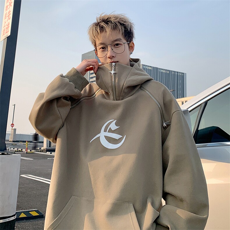 美式复古高领拉链连帽卫衣2024春季新款套头外套XWY2402-P65控98,男装卫衣,电商B370