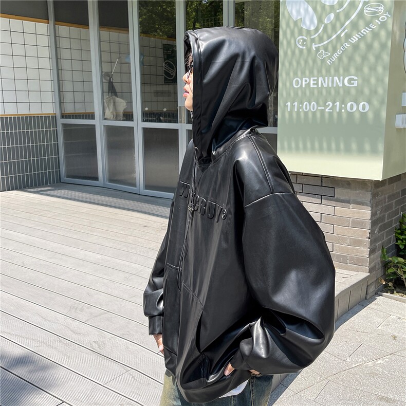 港风秋装潮美式复古压印立体情侣卫衣PU皮衣外套男女G1066P78,男装皮衣,电商A339